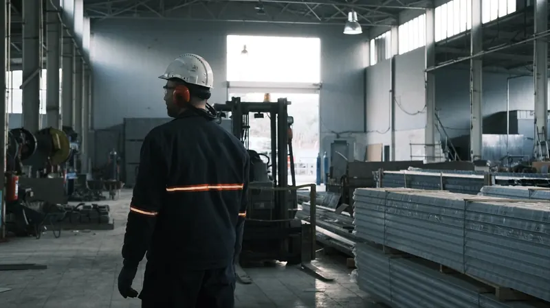 A worker in an industrial warehouse next to stacked metal material